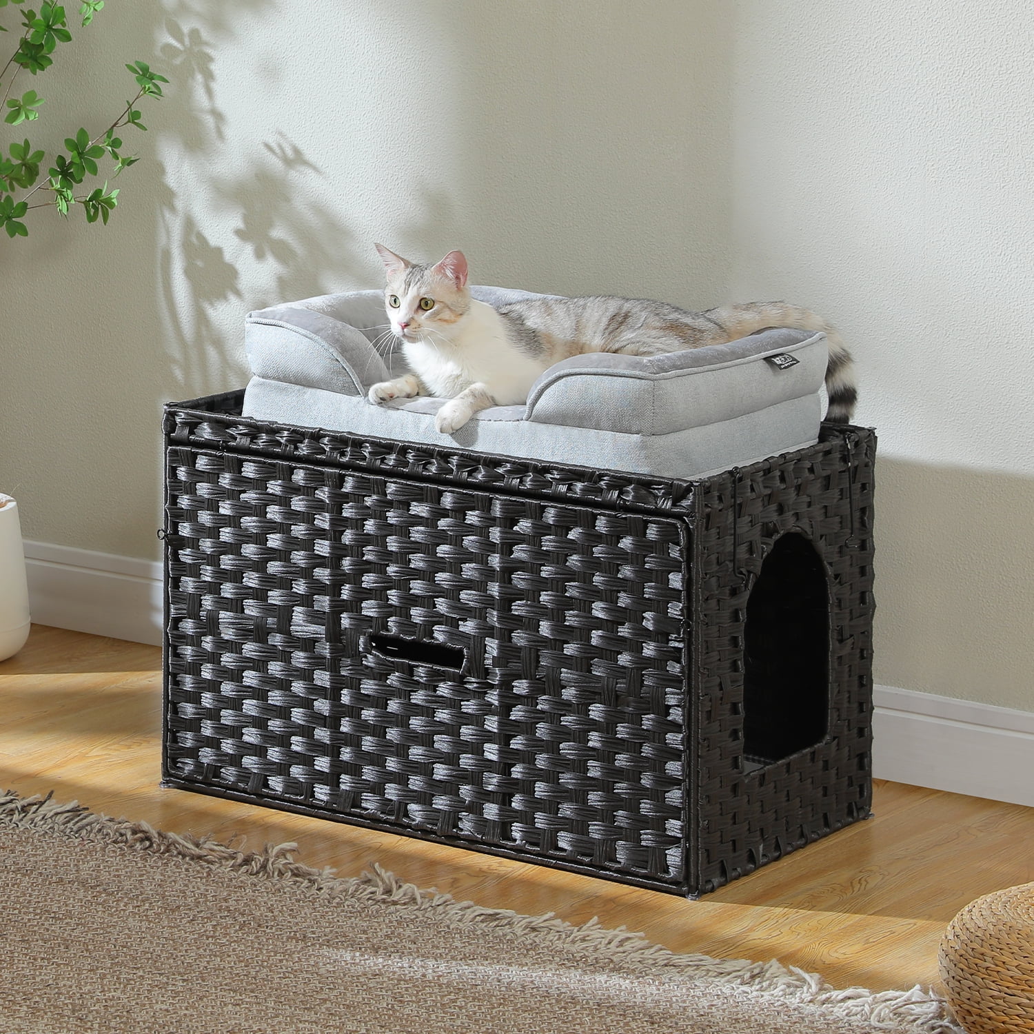 PEQULTI Rattan Cat Litter Box Enclosure Pet House with Taller Doorway for Large Cats Indoor Black