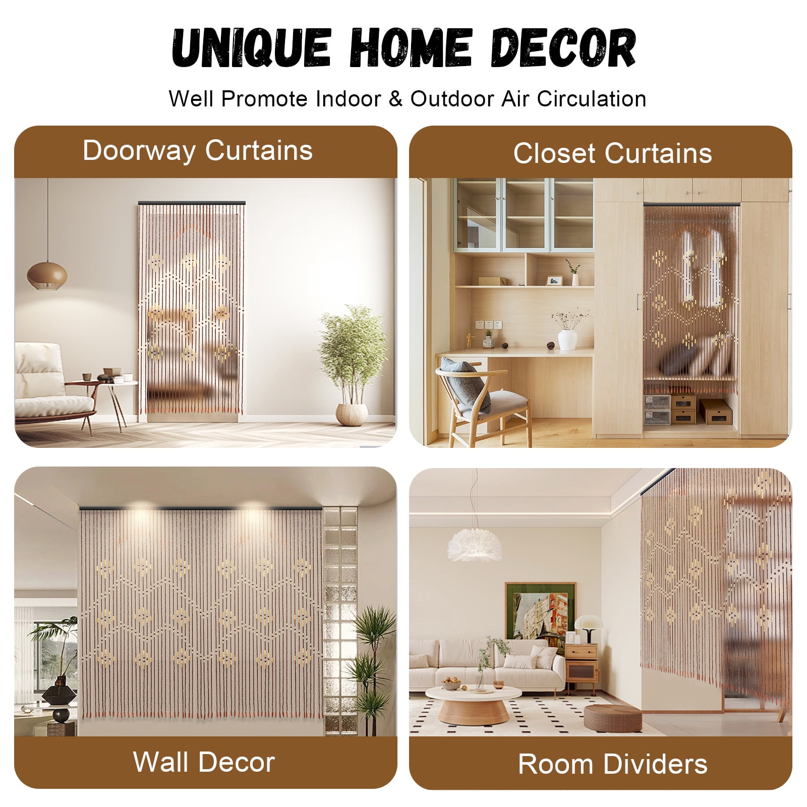 Coffee Beaded Door Curtain, for Doorways Hallway Closet Fly Screen,Wood Beads Boho Privacy Room Divider Curtains for Dividing Bathroom Kitchen RV Camper Window Coverings