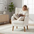 thumbnail image 2 of Ivory White Teddy Fabric Accent Chair with Birch Wood Legs – Mid-Century Modern High-Back Armchair with Thick 5.5” Cushion, Comfy Upholstered Lounge Chair for Living Room, Bedroom, Office, Balcony, 2 of 10