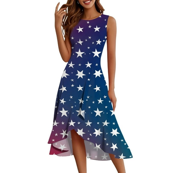 Women's 4th of July Patriotic Dress, Women Elegant Ruffled Zipper Dress, Sexy Independence Day American Flag Printed, Sleeveless Round Neck Maxi Design ,Blue L