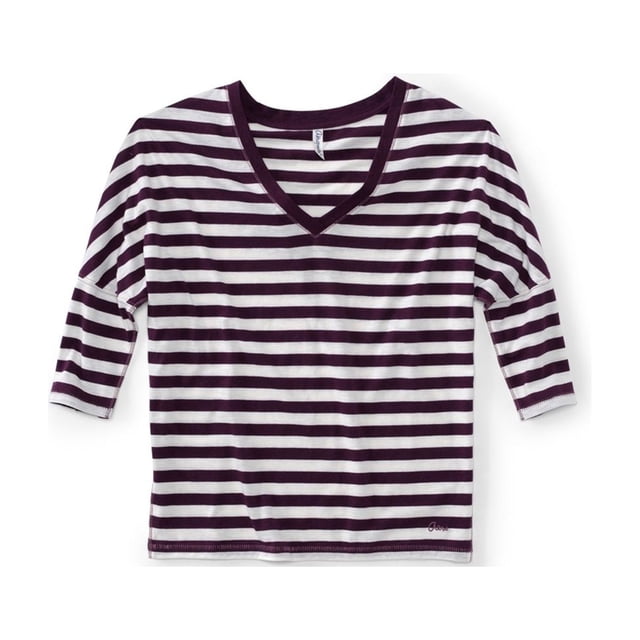Aeropostale playera gráfica de manga 3/4 con rayas y cuello en V para mujer, púrpura, extra pequeña Aeropostale Camiseta gráfica