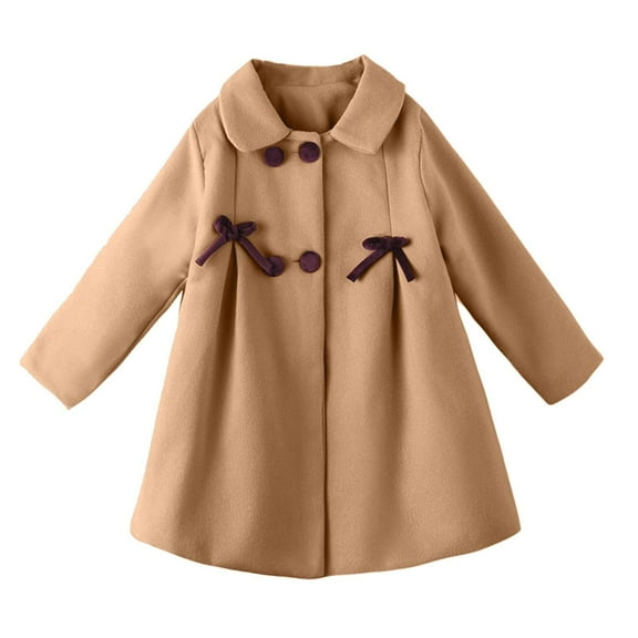 SwiftWear Kids Girls Dress Coat Bow Pleated Double Breasted Pea Coat Wool Jacket Lapel Overcoat Fall Winter Outerwear, Khaki