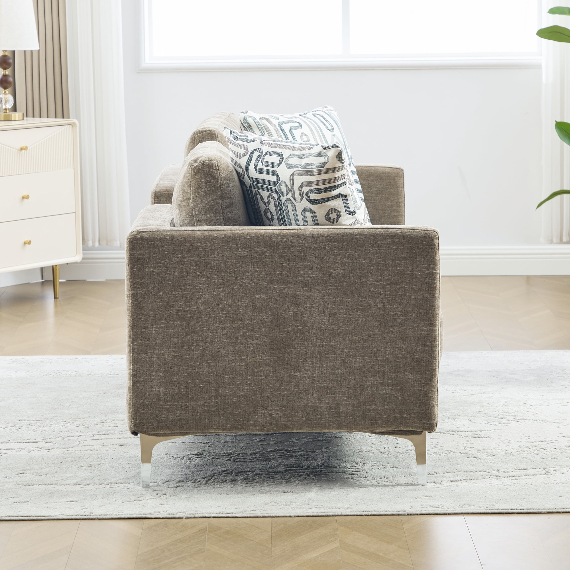 77.5-Inch Chenille Chaise Lounge with 4 Pillows and Open Backrest, Oversized Settee Daybed for Living Room and Guest Room, Taupe