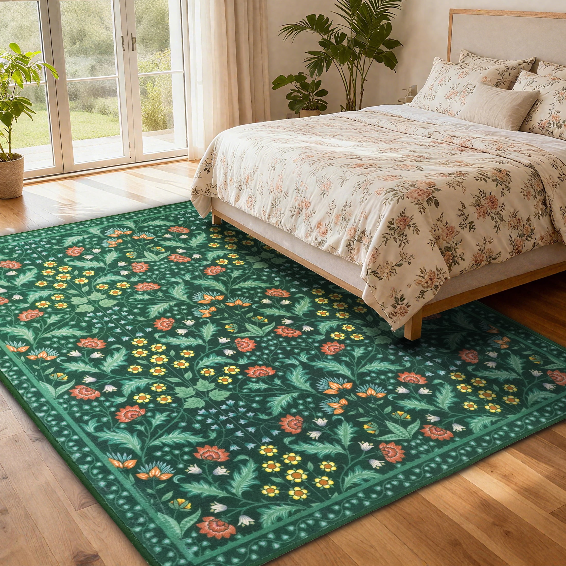 ARJINCUTE Spring Blooms Vintage Green Area Rugs 9'x12', Non Slip, Low Pile, Soft Touch, Machine Washable, Foldable