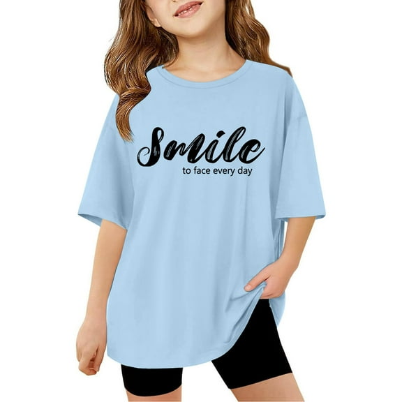 Little Kid Children Kids Girls Letter Printed Short Sleeve T Shirts Kids Oversized Tops Casual Crewneck Basic Tees Youth Girls Athletic Shirts Drafter Shirt Big Clothes Size 16 7-8 Years Blue