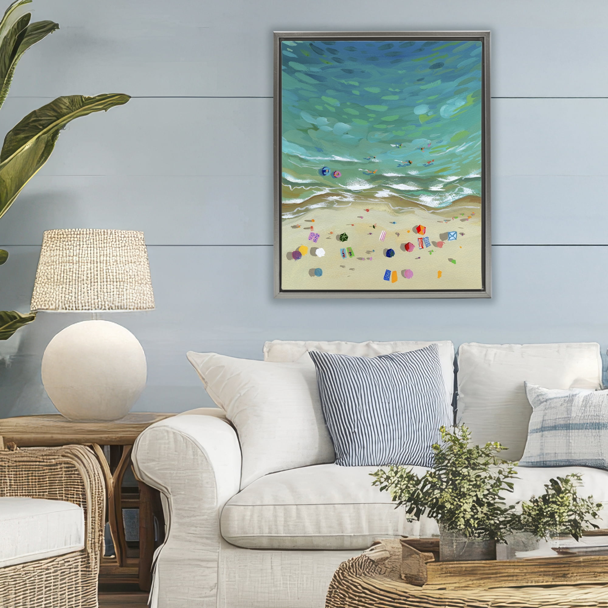 Stupell Industries Aerial Beachside with Umbrellas Gray Framed Floater Canvas Wall Art, design by Brook Page