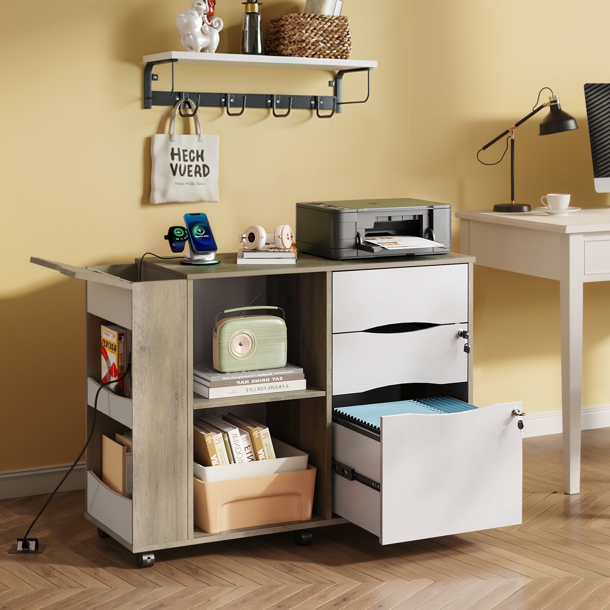 GALAXHERO Wood File Cabinet with 3 Drawers, Open Storage Shelves, Rolling Printer Stand with Charging Station for Home Office, Gray White