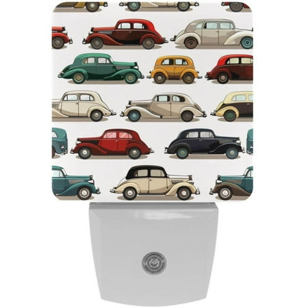 

Vintage Colorful Cars Seamless Pattern 2 Pack Night Lights Plug Into Wall Decorative With Auto Dusk-To-Dawn Sensor LED Night Light For Kids Adults Rooms Toilet Hallway Stairs