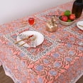 thumbnail image 5 of Hand Block Printed Tablecloth, Colorful Floral Print, Indian Artisan Handmade Art, Dining Room, Kitchen, Outdoor Party Decor, 100% Cotton, (Dark Salmon Pink, 16 Seater 72 x 190 Inches Rectangle), 5 of 8