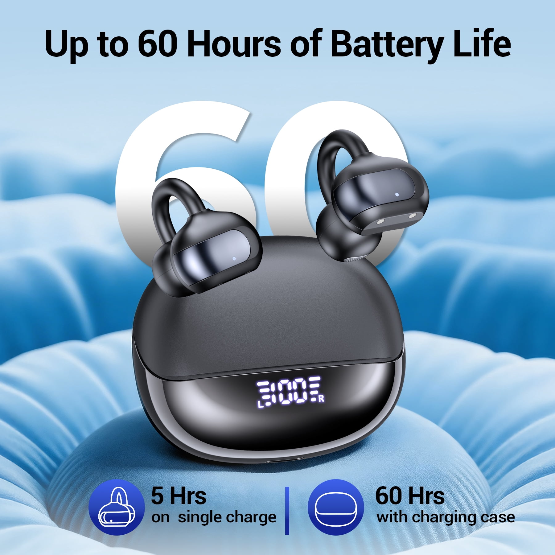 Open Ear Earbuds, Wireless Earbuds, Air Conduction Headphones Bluetooth 5.4,Clip on Headphones with Mic 60H Playtime,Light Weight, ENC Clear Calls, 3D Soundstage,IPX7 Waterproof for Running/Workout