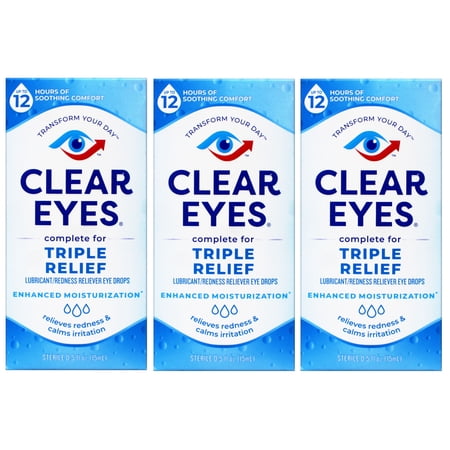 Clear Eyes Triple Relief Eye Drops, Relieves Redness & Calms Irritation, 0.5 Fl Oz - 3 Pack