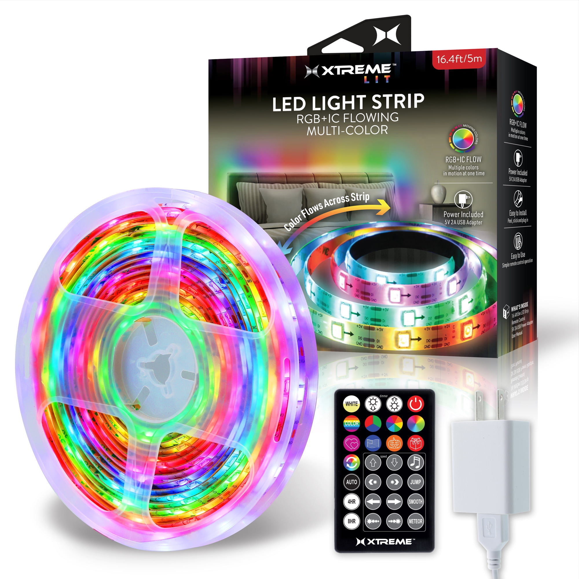 Xtreme Lit 16.4ft RGB Flow Multi-Color Indoor LED Light Strip, Remote Control, Power Adapter Included