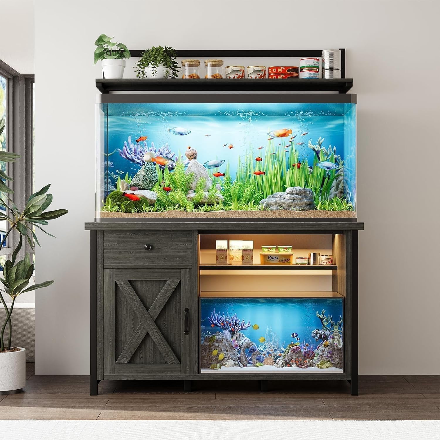 DreamCurship Fish Tank Stand with Power Outlet and Led Light, Cabinet for 55-75 Gallon Aquarium, RGB Lighting Strip Ideal for Turtle Enclosure, Supports up to 1100 Pounds, Gray