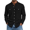 thumbnail image 3 of IYTR Men Hawaiian Shirt Stand-up Collar Cotton Linen Long Sleeve Shirts Pockets Loose Fit Beach Casual Top (Black,XL), 3 of 7