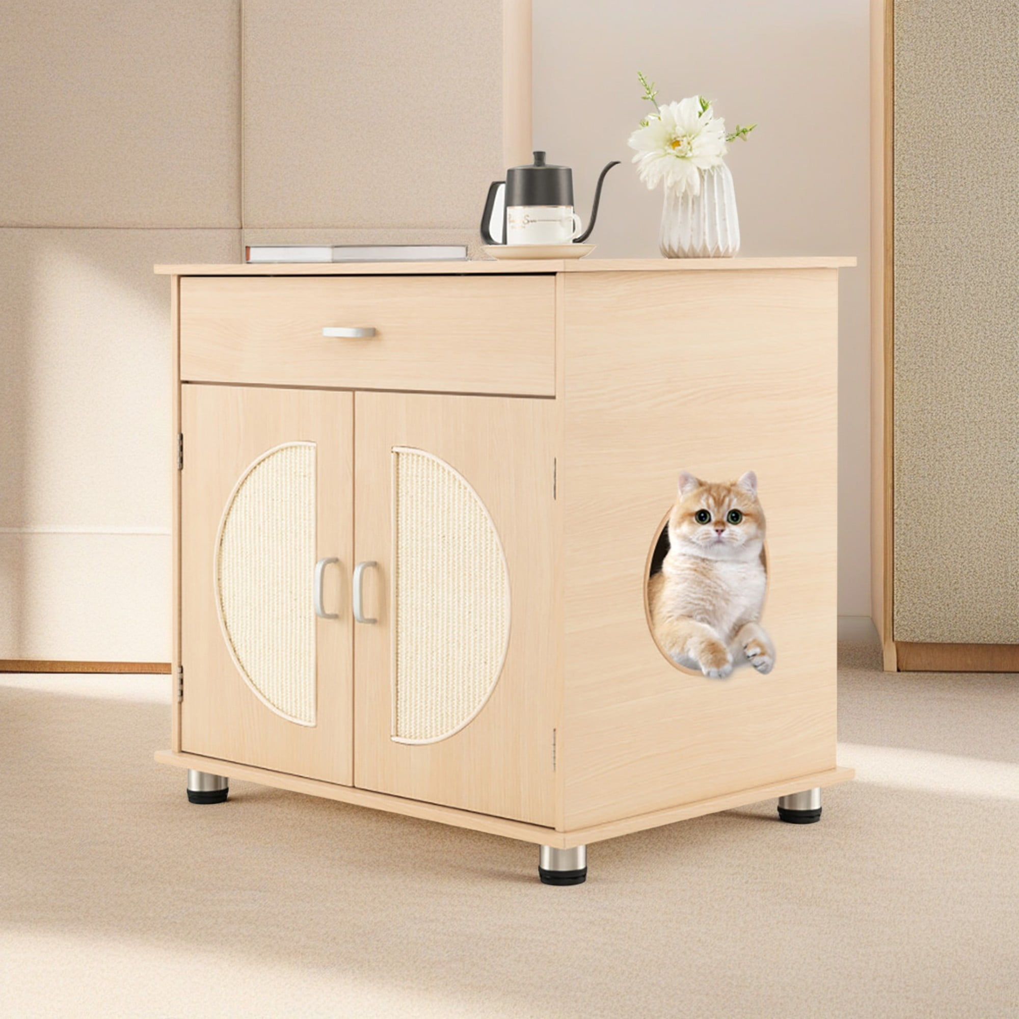 Kadyn 26" Hidden Cat Litter Boxes Enclosure Furniture with Sisal Scratching Doors, Cat House Suitable for Bedroom, Beige