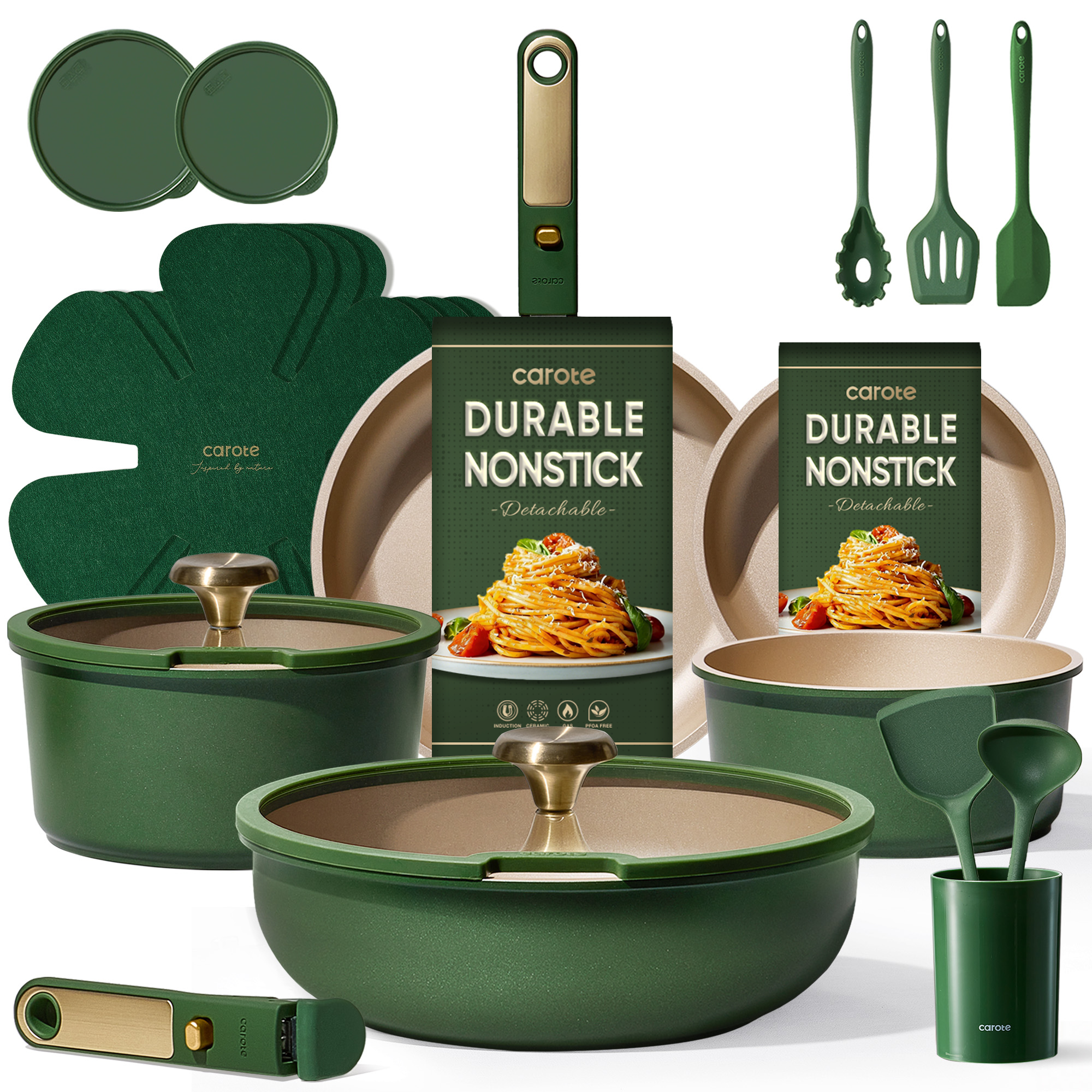 Carote 21-Piece Nonstick Cookware Set with Detachable Handles, Green