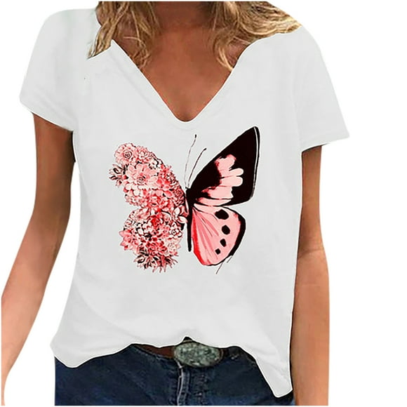 Summer Tops For Women 2023 Women Butterfly Printed V-Neck Loose Short Sleeve T-shirt Top Blouse Pullover