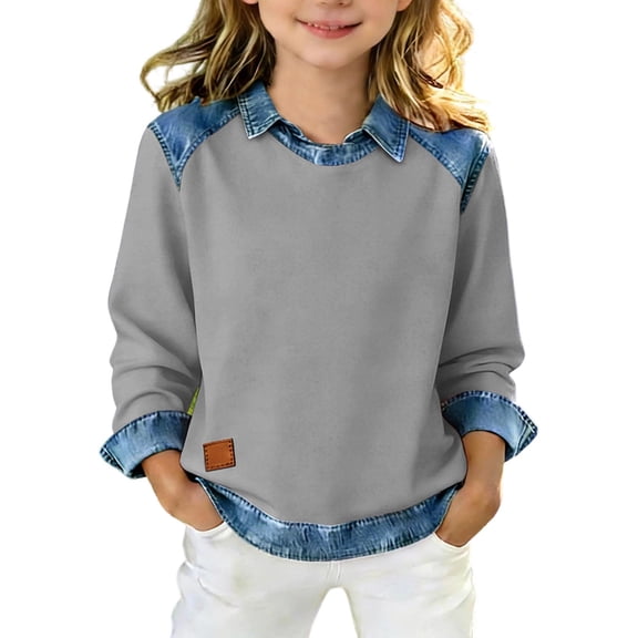 Girls Long Sleeve Shirt Lapel Collar Denim Patchwork Tops Casual Pullover Shirt Fashion Clothes for Youth Size 5-15 Year
