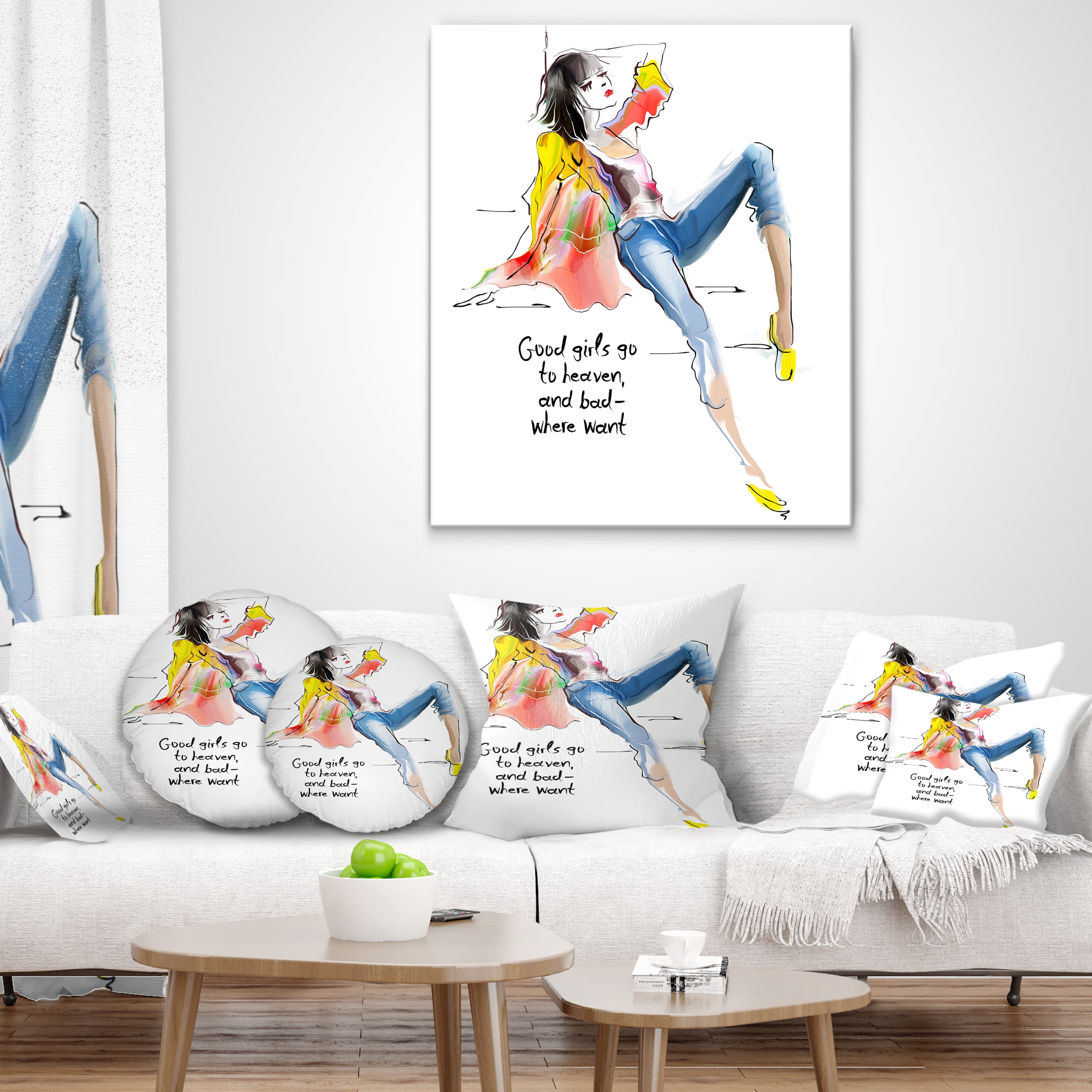 Designart Yellow Blue Young Woman - Abstract Portrait Throw Pillow - 16x16