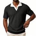 thumbnail image 5 of SAWOBUUN Men's Striped Textured Knit Shirt V Neck Casual Shirt Short Sleeve Contrast Collar Pullover Top Breathable Summer Golf Tee, 5 of 7