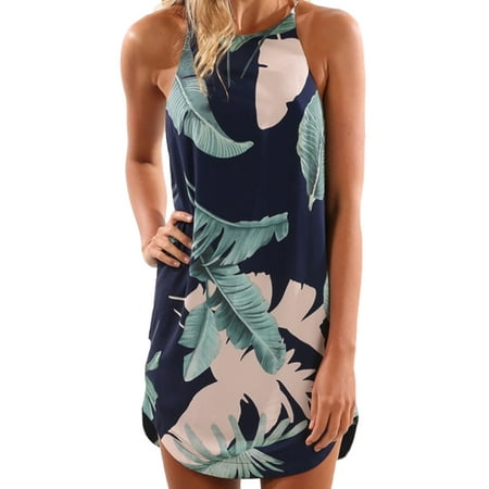 Casual Dresses for Women Summer Floral Print Sleeveless Strappy Loose Short Mini Dress Asymmetrical Hem Beach Sundress
