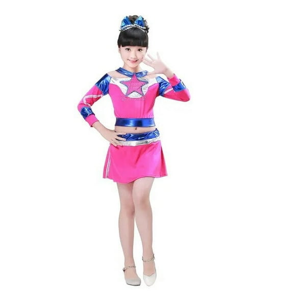 2Pcs Kids Girls Cheerleaders Dance Performance Costumes Kids Tops+Skirt Clothes Set Fancy Outfits with Built-in Shorts Lining