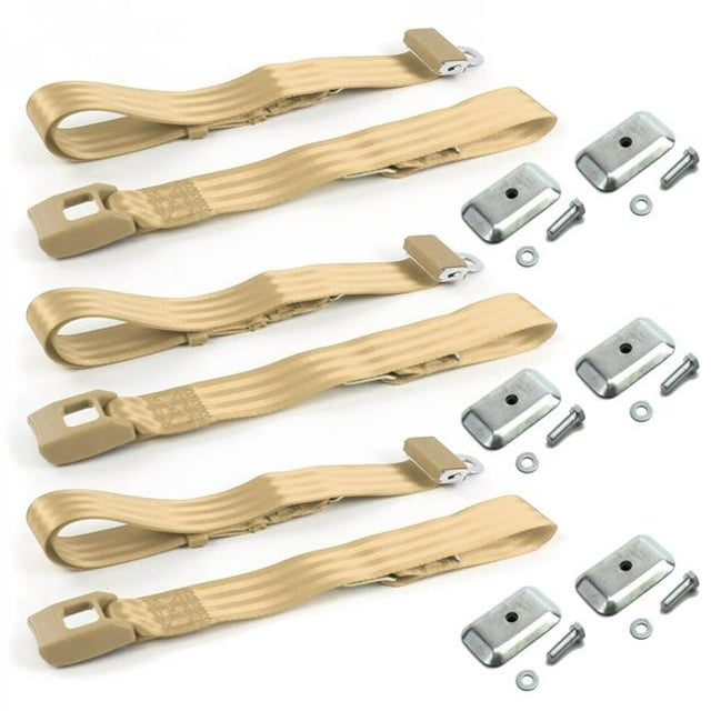 VW Type 2 Split 1949-1967 Standard 2 Point Tan Lap Bench Seat Belt Kit with Bracketry - 3 Belts