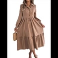 thumbnail image 3 of Vestido Camisero Informal de 3/4 para Mujer, con Botones, Cuello en V, Cuello Escalonado, Holgado y Caqui S, 3 of 9