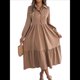 thumbnail image 3 of Vestido Camisero Informal de 3/4 para Mujer, con Botones, Cuello en V, Cuello Escalonado, Holgado y Caqui XL, 3 of 9