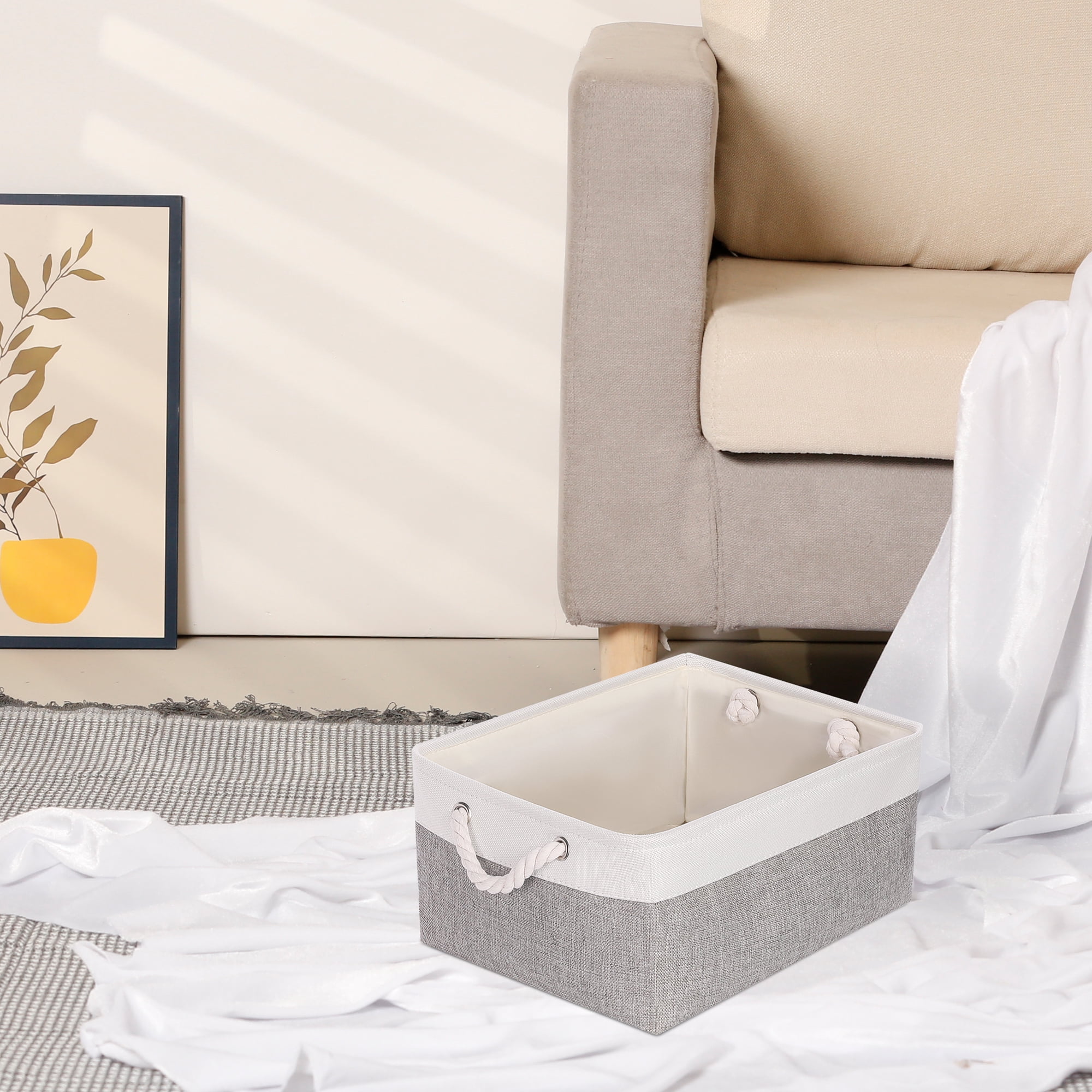 Unique Bargains Storage Bin with Handle Fabric Cube Grey/White 12.5*8.5*5in