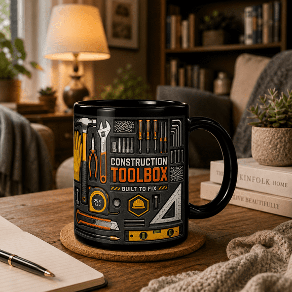 2D Flat Mug, Construction Toolbox Mug Built to Fix Gift for Contractors, Handymen & DIY Dads