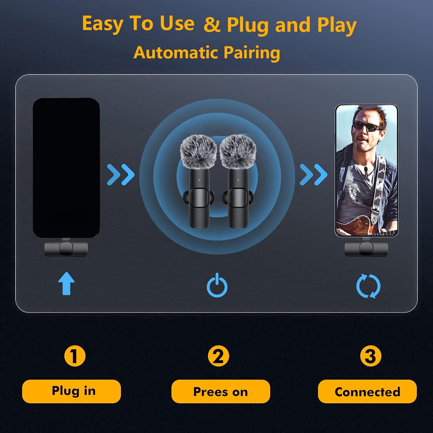 Wireless Lavalier Microphone with 1-Touch Recording, Clip-On, USB-C, Omnidirectional, for Streaming, USB Rechargeable, Plug & Play