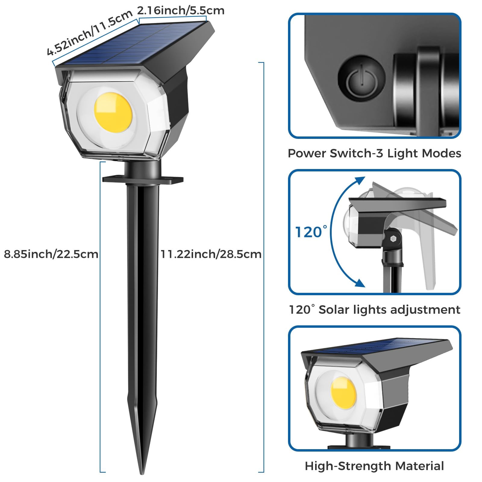 HOVMAP Solar Lights Outdoor COB LED Solar Spot Lights 1500mAh Battery 3 Modes IP65 Waterproof ABS 2 Pack for Garden Yard Pathway, 2Pc Warm light