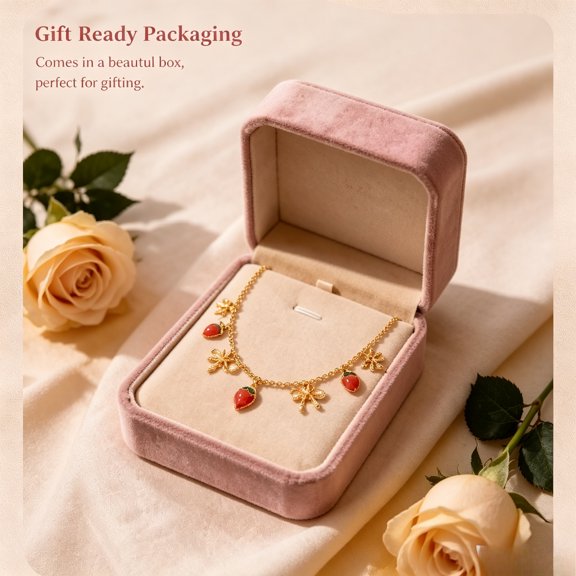 2026 Spring Necklace for Women, Sweet Strawberry & Bow Charm Layering Chain - Dainty Gold Choker, Cute Valentine's Day & Everyday Jewelry Gift