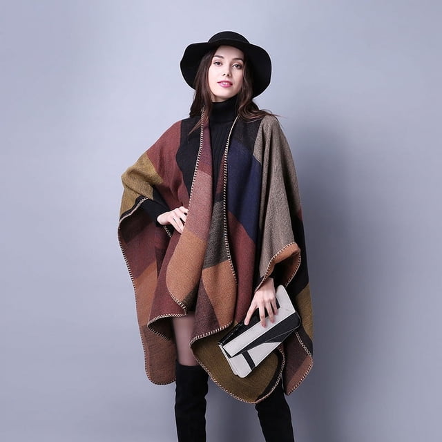 Capas para mujer, ropa de otoño estilo capa, cárdigans bohemios delanteros, capas a cuadros de gran tamaño