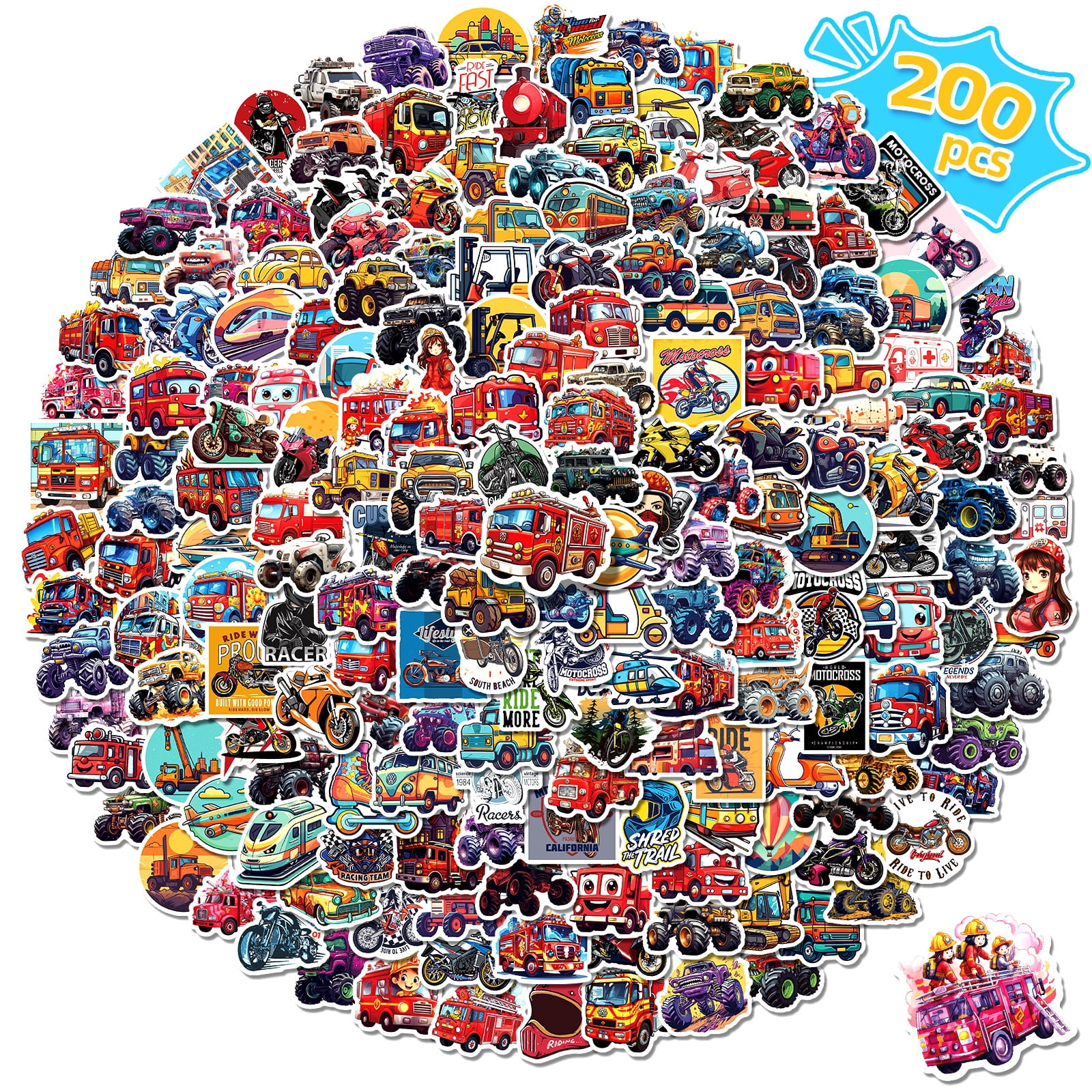 50-200 Pack Transportation Vehicles Stickers - Popular Cartoon Cars, Trucks, and More, Waterproof Stickers for Kids