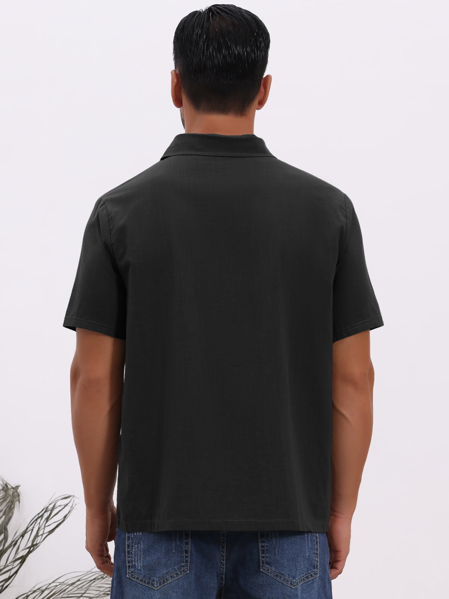 DARING DIVA Men's Solid Color Short Sleeve Button Down Linen Shirt 3XL Black