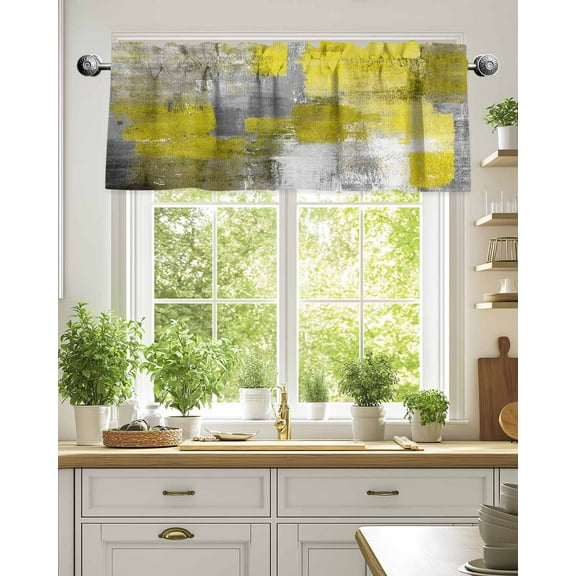 Curtain Valance for Windows,Gold Gray Gradient Kitchen Valances Rod Pocket Short Curtains,Vintage Oil Painting Style Window Treatment Panel for Bedroom Bathroom 54"x18"