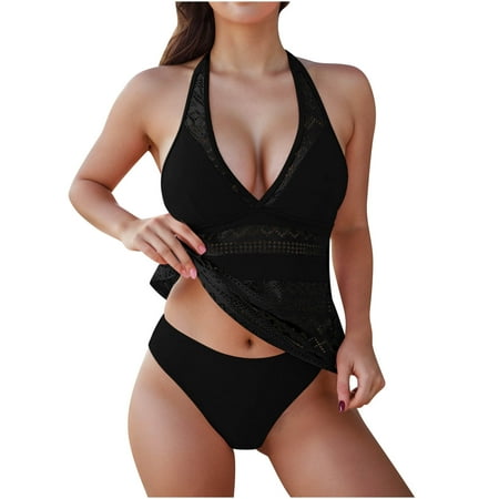 UTSJKR Tankini Swimsuits for Women Sexy Halter V Neck Sheer Lace Bathing Suit Two Piece Tankini Tops with Bottoms Swimwear Black M