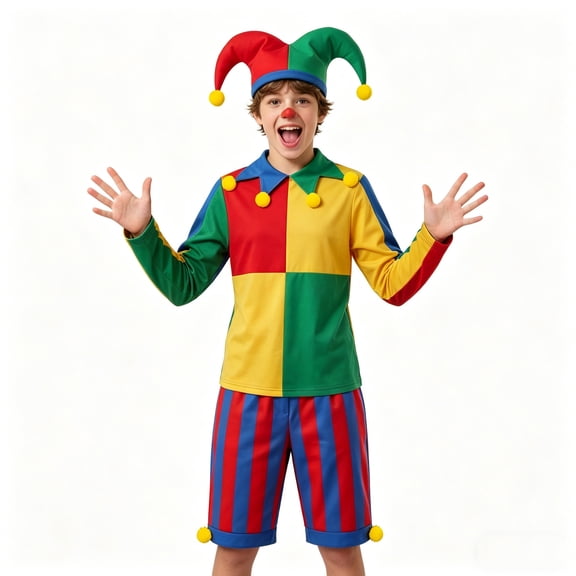 Colorful Jester Cosplay Costume Set Circus Clown Jumpsuit with Harlequin Hat for Halloween Carnival Party