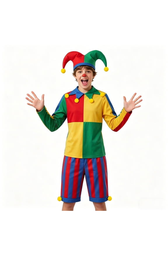 Colorful Jester Cosplay Costume Set Circus Clown Jumpsuit with Harlequin Hat for Halloween Carnival Party