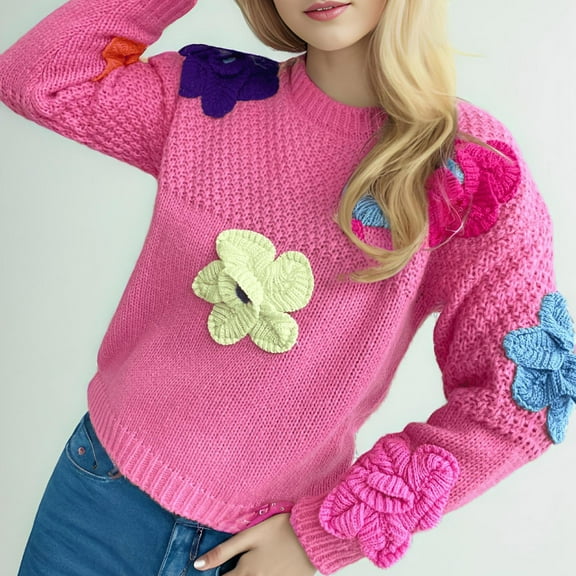 Jjayotai Women's Cute Floral Pattern Long Sleeve Sweater, Crew Neck Flower Knitted Pullover Tops Pink M