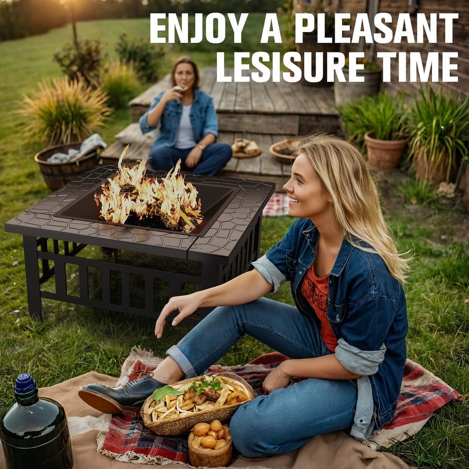Devoko Outdoor 32" Square Metal Fire Pit with Cover and Poker, Black