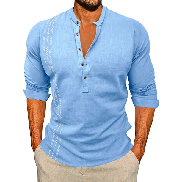 Ceisia Men's Slim Fit Long Sleeve Stand-Up Collar Slub Linen Shirt with Geometric Embroidery Sky Blue L Gifts