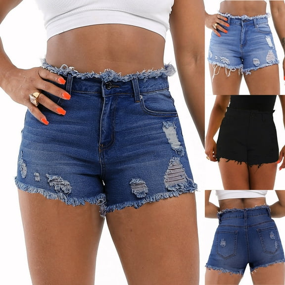 Simua Women's Casual Summer Denim Shorts Mid Waisted Stretchy Ripped Jean Shorts with Pockets