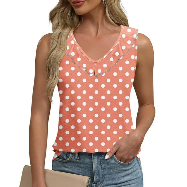 Karight Tank Tops for Women Polka Dot Ruffle Shirts Sleeveless Round Neck Tank Top Casual Summer Blouses Vest