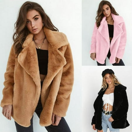 Women Sexy Long Sleeve Lapel Fleece Oversized Casual Coat Jacket Warm Winter