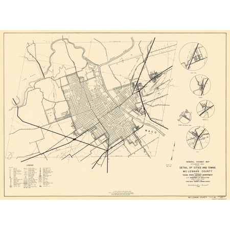 Historic County Map- Mclennan County Texas - Highway Department 1936 - Vintage Wall Art