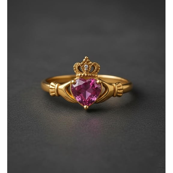 Heart Shape Pink Sapphire & Diamond Ring, Claddagh Two Stone Engagement Ring, Irish Crown Heart Anniversary Ring, Celtic Knot Ring, September Birthstone Ring, Delicate Promise Ring .