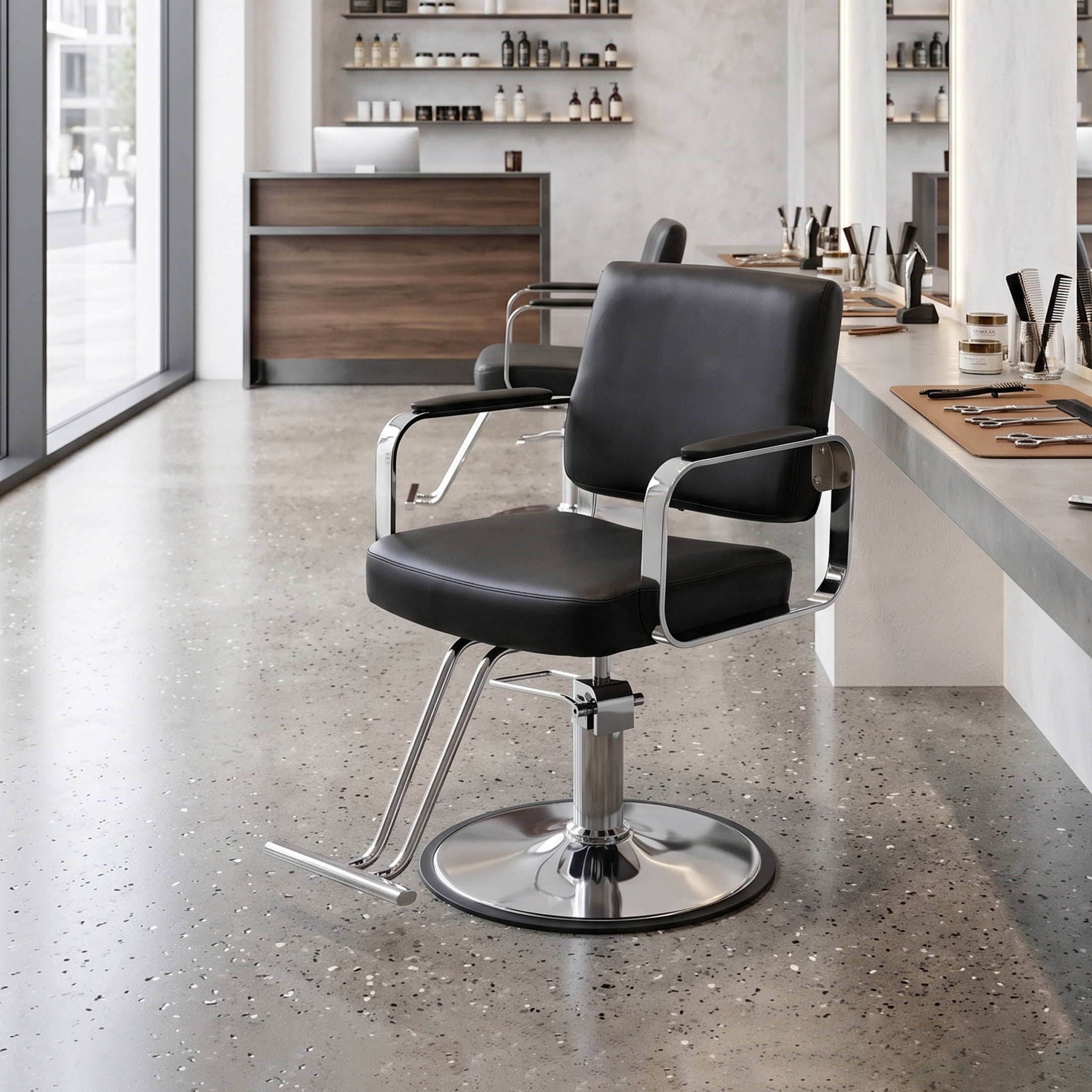 Noble House 360° Swivel Salon Styling Chair with Footrest, Adjustable Height, Black + Silver
